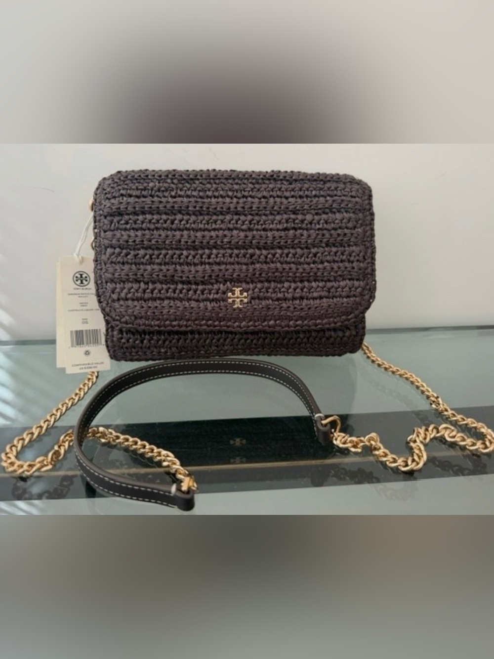 Tory Burch Emerson Chocolate Liquor Raffia Chain Wallet